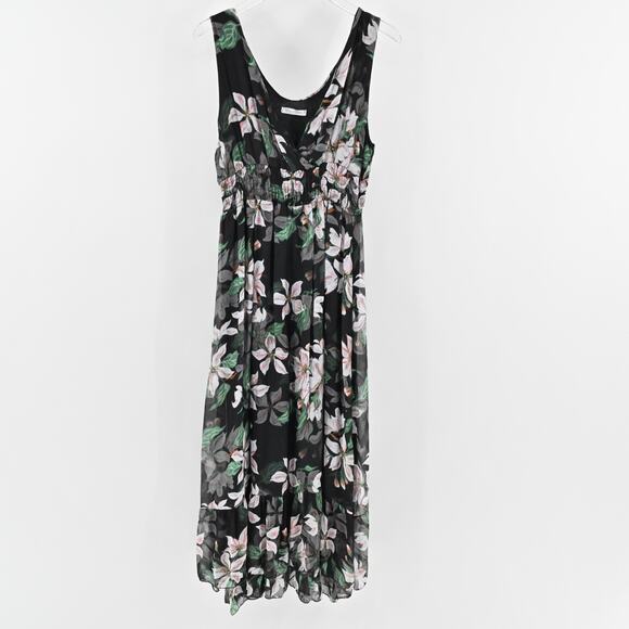 ELENA BALDI Silk Maxi Dress Size L Black Floral Chiffon‎ Sleeveless V Neck Italy - Picture 2 of 13